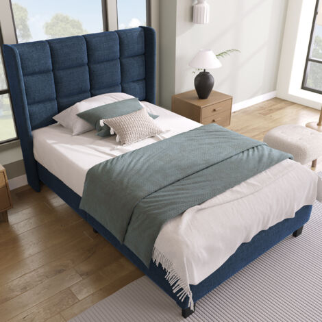 Einzelbett 90x200cm, zeitloses Design, gepolstertes Kopfteil mit Lattenrost, Stahlrahmen, leinenblaue Farbe (Matratze nicht im Lieferumfang enthalten) (1/5)