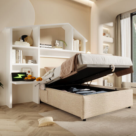 Bett mit Stauraum 90x200cm, bezogen mit Leinen, Holzrahmen, hydraulischer Stauraum mit USB-Anschluss, Naturfarbe (Matratze nicht im Lieferumfang enthalten) (1/5)