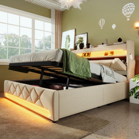 Doppelbett 180x200 cm mit USB-Typ-C-Anschlüssen, hydraulischem Stauraum, LED-Beleuchtung, beigefarbenem Leinenbezug (Matratze nicht im Lieferumfang enthalten) (1/5)