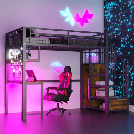 Lit mezzanine 90x200 cm gain de place métal avec bureau intégré éclairage et prises noir (Sans matelas) (1/5)
