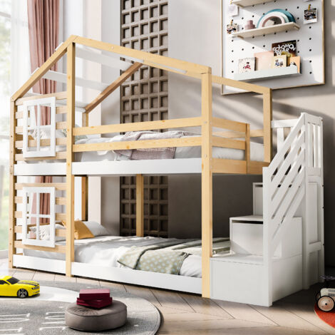 Etagenbett 90x200cm im Hausstil mit Leiter, Schublade und Stauraum, Natur- und Weißholz und MDF (Matratze nicht enthalten) (1/5)