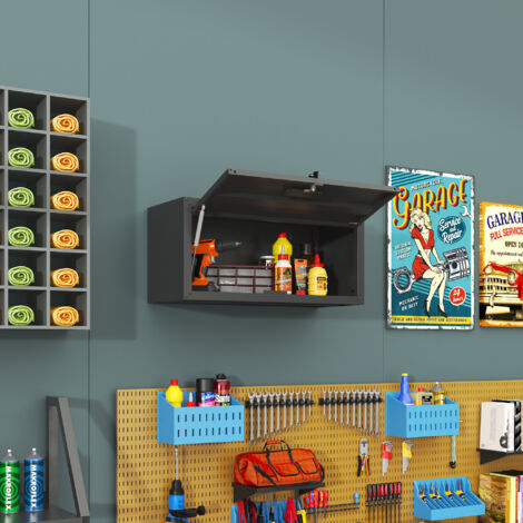 Wandschrank mit hydraulischer Öffnung, sicherer Stauraum, Metall, 75 x 30 x 34,5 cm, schwarz (1/5)