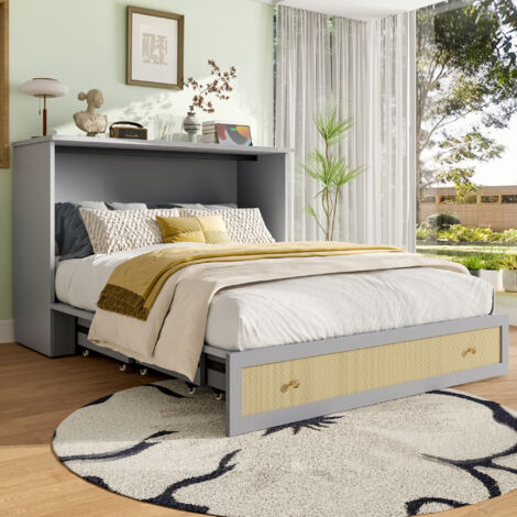 Lit double 140x200cm armoire convertible grand rangement MDF gris (Sans matelas) (1/5)