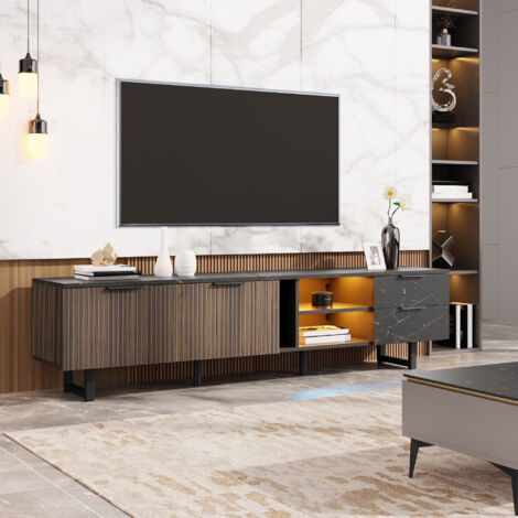 TV-Möbel mit mehrfarbiger LED-Beleuchtung und 2 Türen, viel Stauraum, MDF, 200 x 38 x 50 cm, schwarz-holzfarben (1/5)