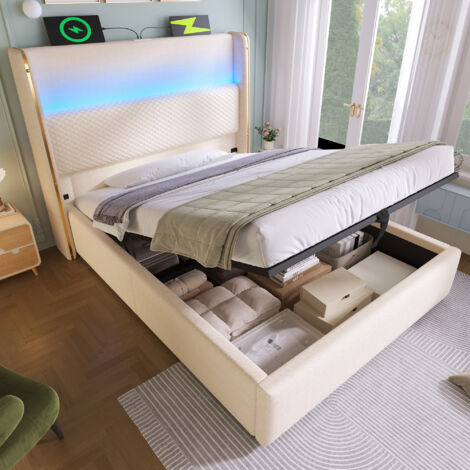 Lit simple 90x200 cm tête de lit haute lin rangement hydraulique beige (Sans matelas) (1/5)