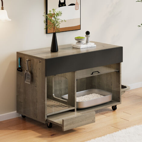 Meuble pour litière 100x45.5x67 cm design discret MDF rangement multifonction chêne (1/5)