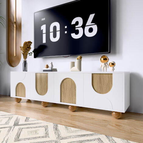 Minimalistisches TV-Möbel 175 x 38 x 50 cm, MDF und Spanplatte, vier Türen, Natur + Weiß (1/5)