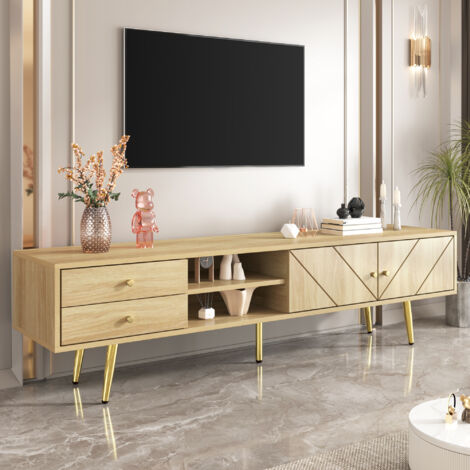 TV-Ständer 160 x 36 x 42 cm, minimalistisches Design, 2 Türen, 2 Schubladen, MDF und Spanplatte, Metallbeine, Naturfarbe (1/5)