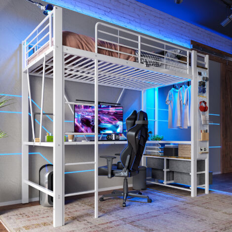 Lit mezzanine 90x200cm bureau intégré penderie 4 tiroirs métal MDF blanc (Sans matelas) (1/5)