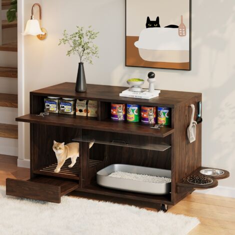 Meuble litière 100x45.5x67 cm design discret rangement multifonction MDF Noyer (1/5)