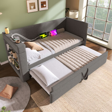 Ausziehbett 90x190 cm mit USB-C-Ladeanschluss und Getränkehalter, Leinenbezug, graue Farbe (Matratze nicht im Lieferumfang enthalten)
