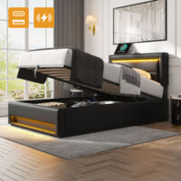 Polsterbett 90 x 190 cm, mit USB-Anschluss (unterstützt kabelloses und kabelgebundenes Laden), mit LED-Beleuchtung und Stauraum, ohne Matratze, PU-Litschi-Muster, Schwarz