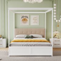 140 x 200 cm groes Himmelbett mit groen Schubladen und weicher  Rckenlehne, weies Holzbett