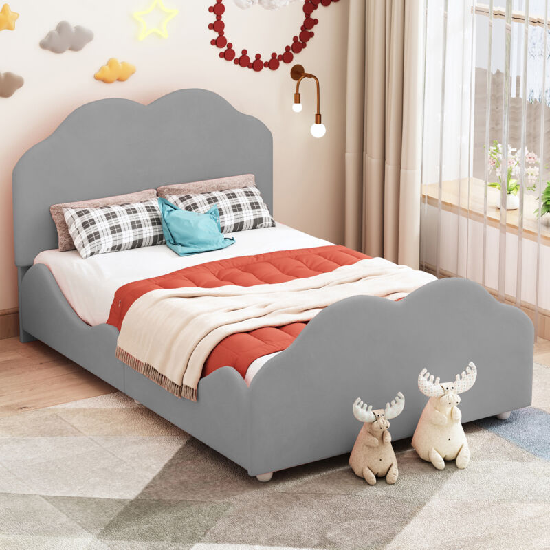 Letto Singolo 90x200 Per Bambina Con Testiera Nuvola A LED Regolabile – Struttura Metallica Con Doghe In Legno, Altezza Variabile