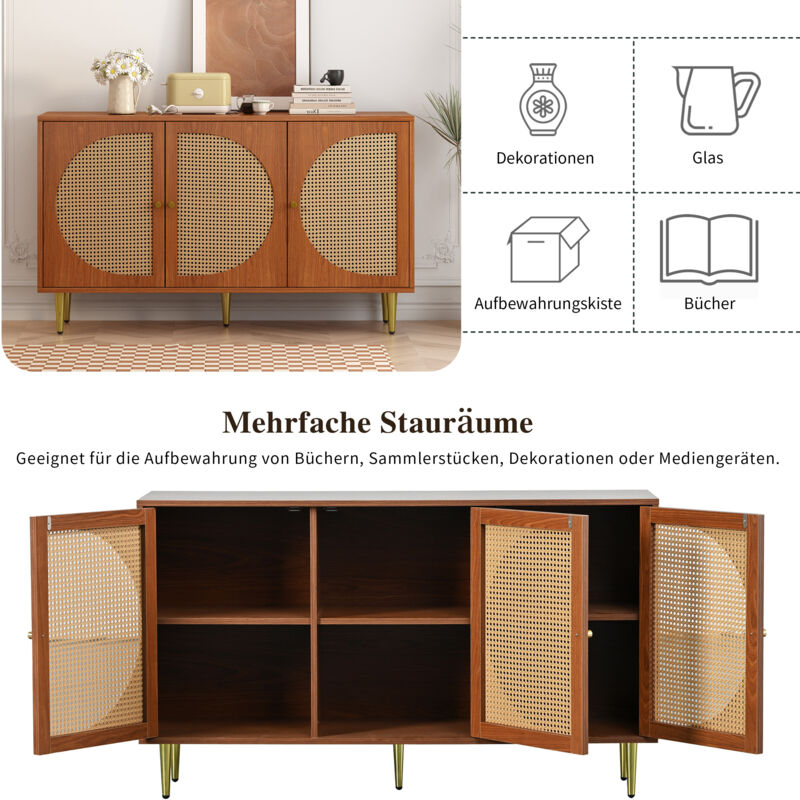 Credenza In Rattan Azkoeesy - 3 Cassetti E 3 Ante Scorrevoli, Design Moderno Con Gambe In Legno - Foto 3