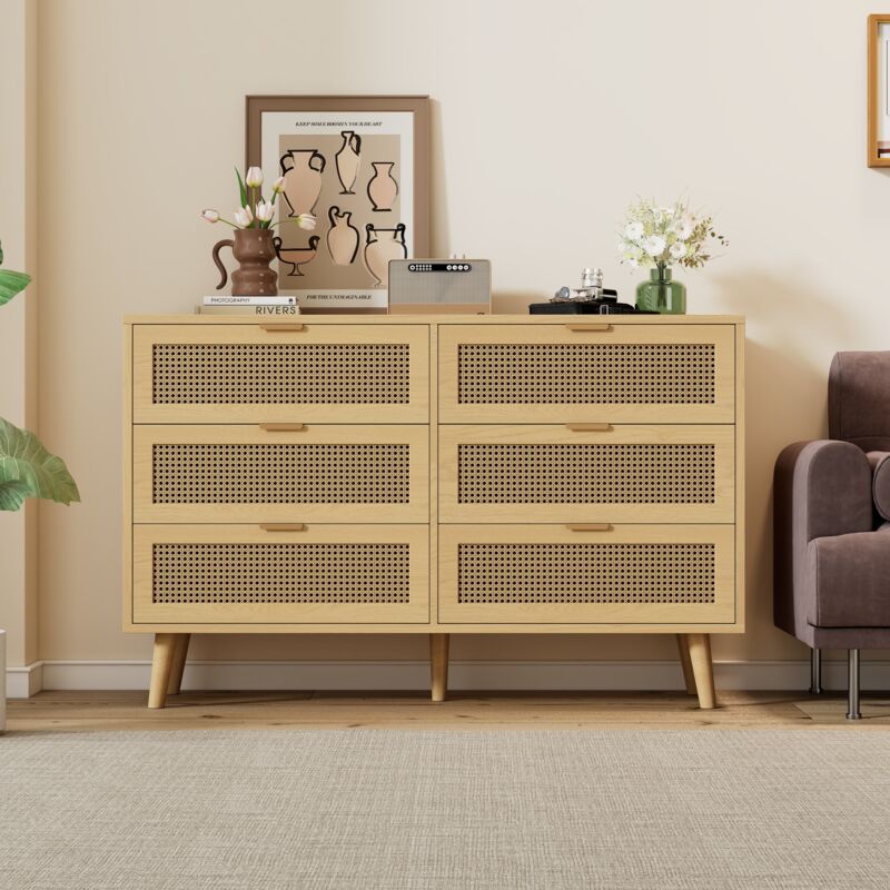 BestAlice Cassettiera 6 Cassetti Rattan - 100x34x73 Cm - Comò In Legno Per Camera Da Letto, Stile Boho
