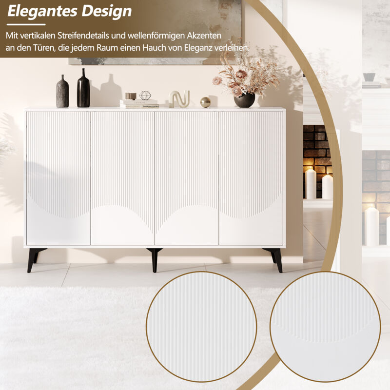 Credenza Bellemave Stile Retrò Con Ante Scanalate, Bianco, 4 Ante E Ripiano Regolabile, Mobile Buffet Per Soggiorno E Ingresso - 4