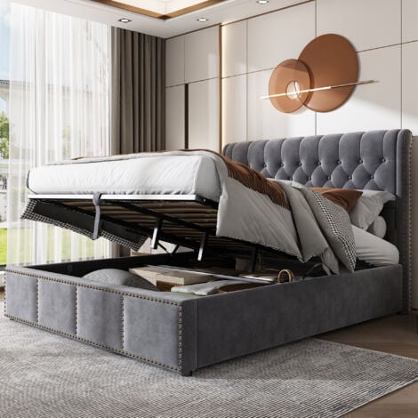 Letto imbottito, con leva idraulica, letto contenitore funzionale, decorazione rivetti, 140 x 200 cm, senza materasso, velluto, grigio