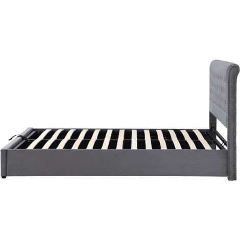Letto imbottito, con leva idraulica, letto contenitore funzionale, decorazione rivetti, 140 x 200 cm, senza materasso, velluto, grigio