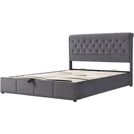 Letto imbottito, con leva idraulica, letto contenitore funzionale, decorazione rivetti, 140 x 200 cm, senza materasso, velluto, grigio