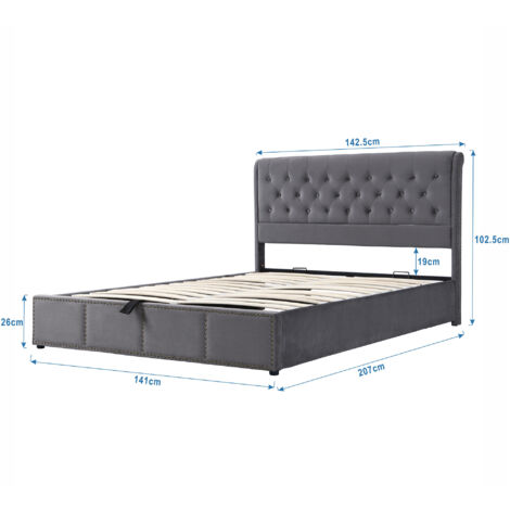 Letto imbottito, con leva idraulica, letto contenitore funzionale, decorazione rivetti, 140 x 200 cm, senza materasso, velluto, grigio