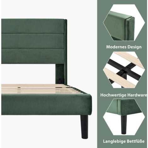 Letto singolo imbottito in velluto con rete a doghe e testiera cm 90 x 200 Verde scuro
