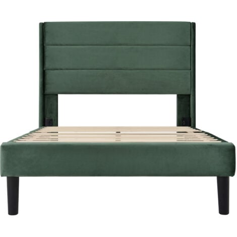 Letto singolo imbottito in velluto con rete a doghe e testiera cm 90 x 200 Verde scuro