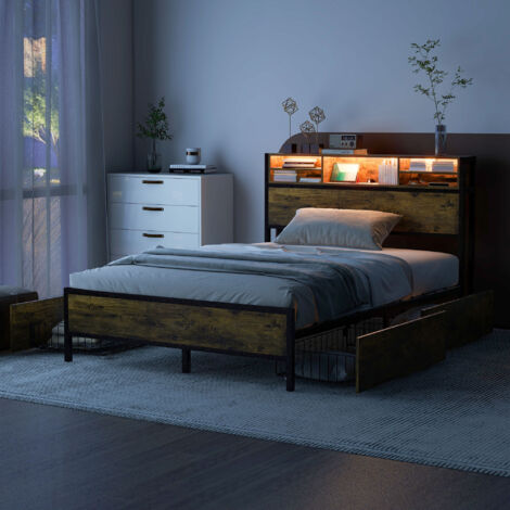 Letto Imbottito Con Testiera LED E 4 Cassetti Contenitori - Soweiz - Struttura Letto Matrimoniale 140x200 Cm - Nero - 5
