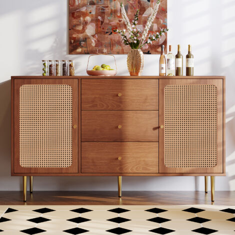 Cassettiera con 2 ante e 3 cassetti in legno massello, credenza in rattan per soggiorno camera da letto, noce, 150 x 40 x 90 cm (1/5)