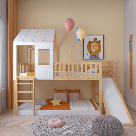Letto a castello con scala ad angolo retto e scivolo, letto a castello con tetto e finestra, lettino per bambini con protezione anticaduta e pioli, struttura in pino naturale + bianco (90x200 cm)