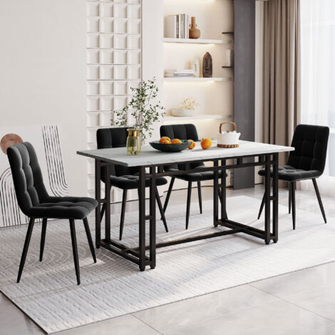 Tavolo da pranzo nero 140x80 cm con 4 sedie, set tavolo da pranzo da cucina moderna, sedie da pranzo in velluto nero, tavolo con gambe in ferro nero (1/5)