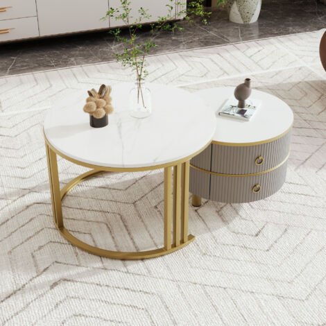 Tavolino Rotondo 2 In 1 In MDF - Con Piano Marmo E Cassetti, 70x70cm E 50x50cm, Oro E Bianco - Foto 5
