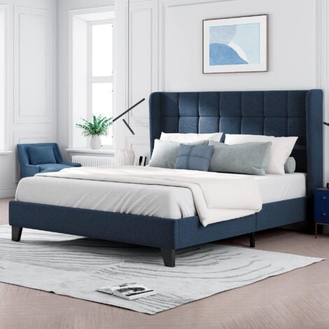Letto matrimoniale imbottito con rete a doghe e testiera 140x200cm, in lino blu (senza materasso)