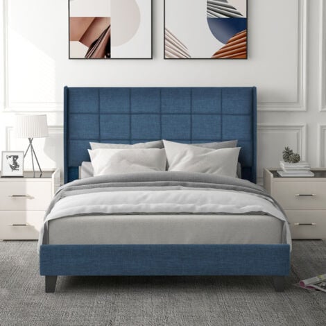 Letto matrimoniale imbottito con rete a doghe e testiera 140x200cm, in lino blu (senza materasso)