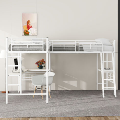 Letto a soppalco 90 x 200 cm, due letti a castello con tavolino sotto il letto, doppia scala, ringhiera alta, bianco