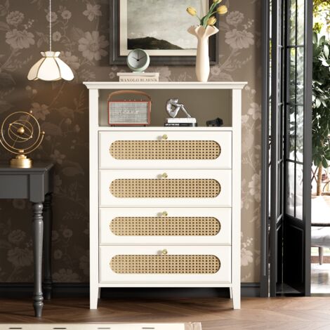 Credenza - Piccola Cassettiera In Rattan - Gambe In Legno Massiccio Laccata Bianca 83876692