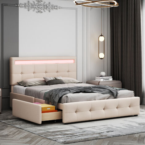 Letto imbottito 140x200cm (velluto beige): ragazzo/matrimoniale, LED, schienale + rete a doghe, gambe alte in metallo, senza materasso | Leroy Merlin