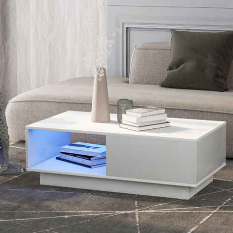 Tavolino da caffè Tavolino da salotto moderno lucido Tavolino da caffè rettangolare bianco Tavolo da salotto con luce LED a 15 colori per tavolo da tè Decorazioni per la casa (95x55x32 cm) Bianco (1/5)
