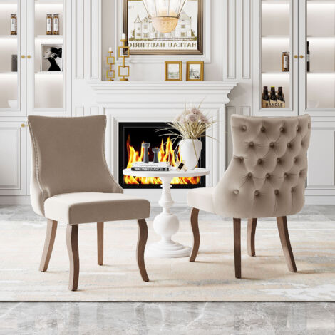 Sedia Da Pranzo In Velluto Beige Con Bottoni, 6 Pezzi, Struttura In Legno Massello, 50x41x91cm