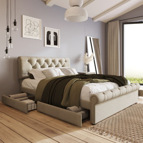 KOMHTOM Letto Matrimoniale Imbottito Con 4 Cassetti E Testiera Regolabile - 140x200 Cm - Grigio, Tessuto Lino