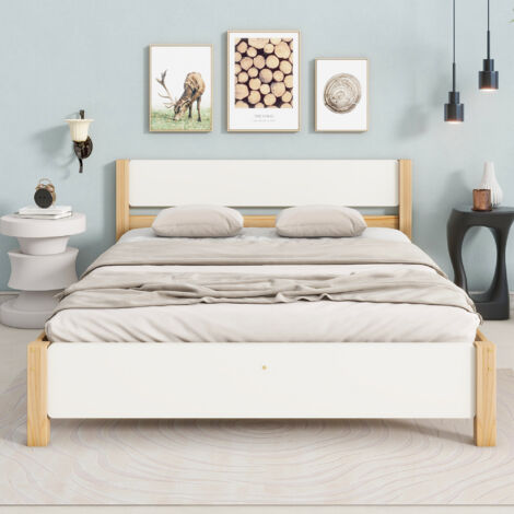 Letto matrimoniale, letto in legno, struttura in pino con gamba centrale, letto per ragazzi, letto per adulti, con testiera e pediera in MDF, bianco + naturale, 140x200 cm