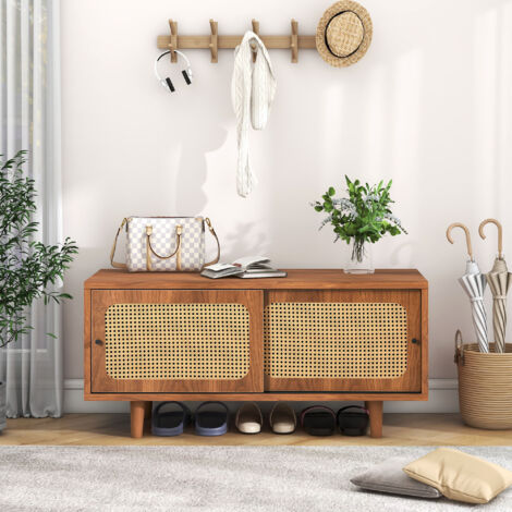 SogesHome Scarpiera In Rattan 2 Ante Con Ripiano Regolabile - Colore Noce - 104x40x48 Cm Per Corridoio E Ingresso