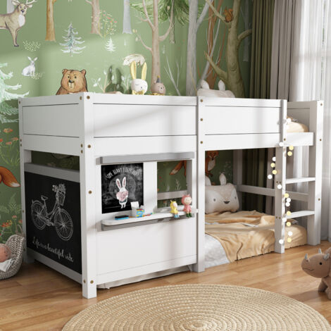 Kebnor Lettino A Castello Per Bambini 90x200 Cm – Con Armadietto A Scale, Finestre Decorative, Bianco/Blu