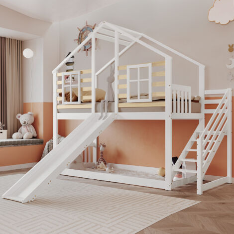 Letti a soppalco per bambini 90 x 200 cm con armadio, scrivania e cassetti, bianco