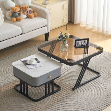 Tavolino Da Caffè In Due Pezzi Di Fascia Alta Con Piano In Vetro E Ardesia In Marmo Con Cassetti In Legno Massello 82807106