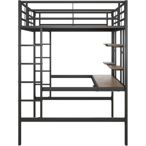 Letto a soppalco 90x200 - con illuminazione LED - con scala di stoccaggio - con armadio aperto - nero (senza