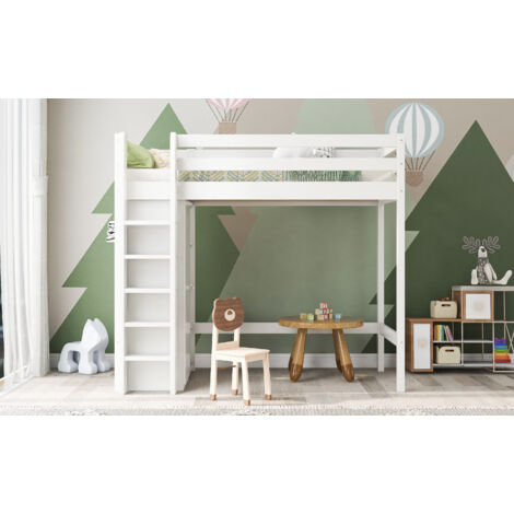 Letto a soppalco 140x200 cm con scala di sicurezza, protezione di sicurezza, struttura del letto in pino massiccio, adatto per bambini, adolescenti e adulti (Natural Wood