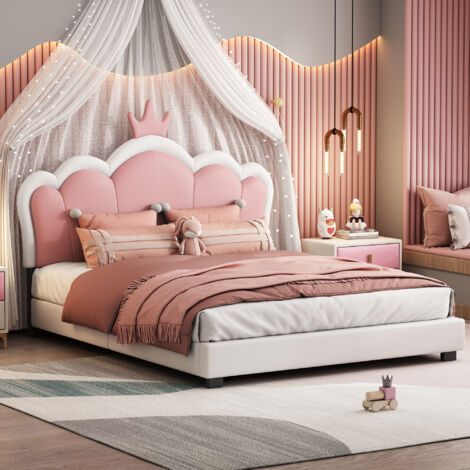 Lettino imbottito per bambini, 90 x 200 cm, telaio con testiera floreale e rete a doghe, con 2 ripiani, letto per gli ospiti in tessuto di velluto delicato sulla pelle (rosa