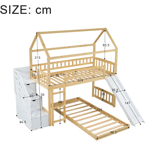 Azkoeesy Letto A Castello Con Scivolo 90x200 Cm - Legno Di Pino Massello Bianco E Naturale Con Lavagna E Reti A Doghe - Per Bambini E Adolescenti - 2