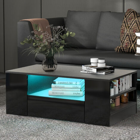 Tavolino moderno con LED, 2 cassetti, bianco lucido (90x55x41 cm